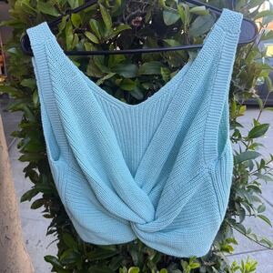 Womens L Crop Top Aqua Blue Twist chunky Knit Preppy Acadamia Boho clean girl
